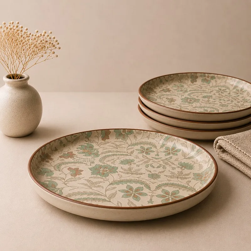 Close view of floral ceramic dinner plate with stacked plates behind