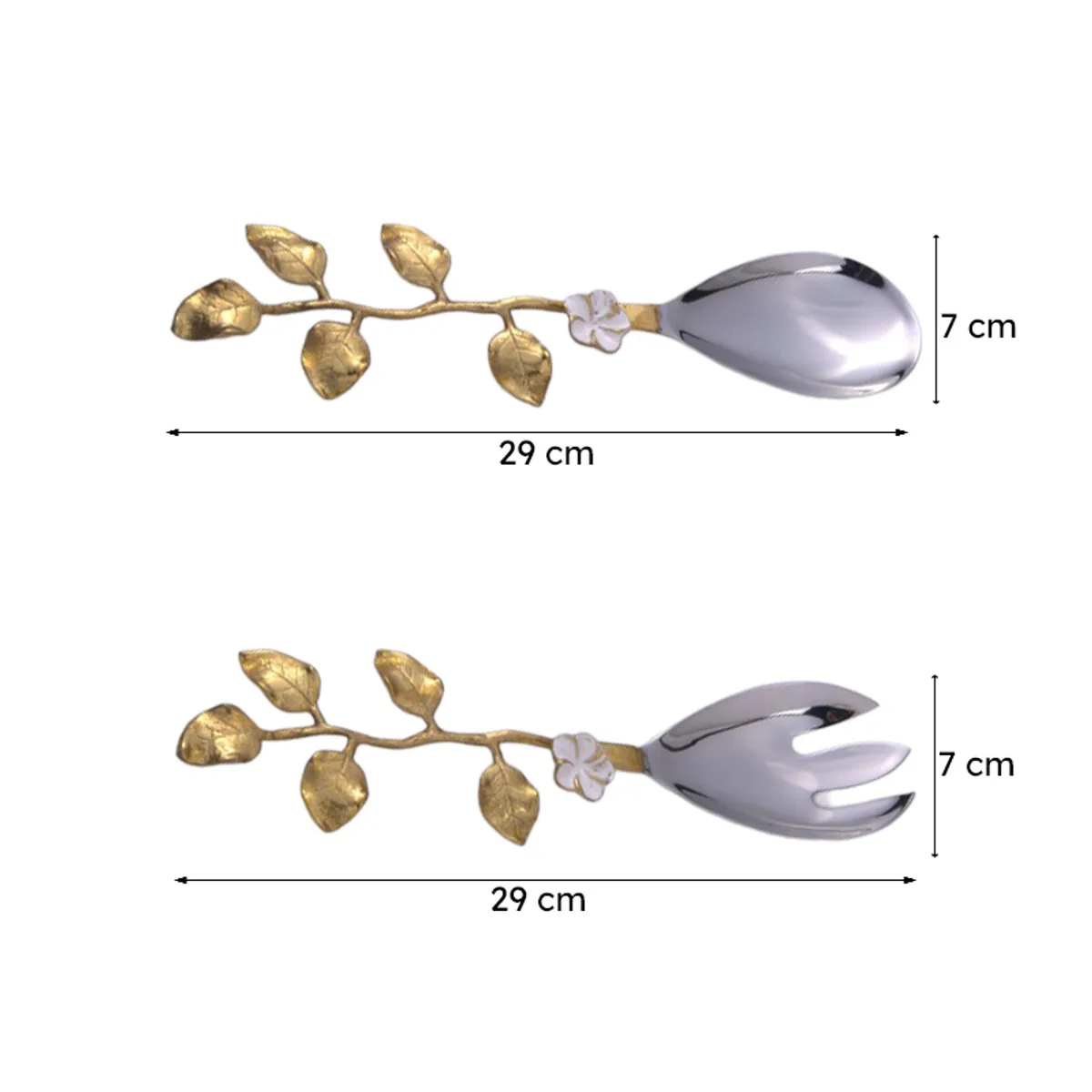 Side-by-side salad spoon and fork with 29 cm and 7 cm dimensions shown