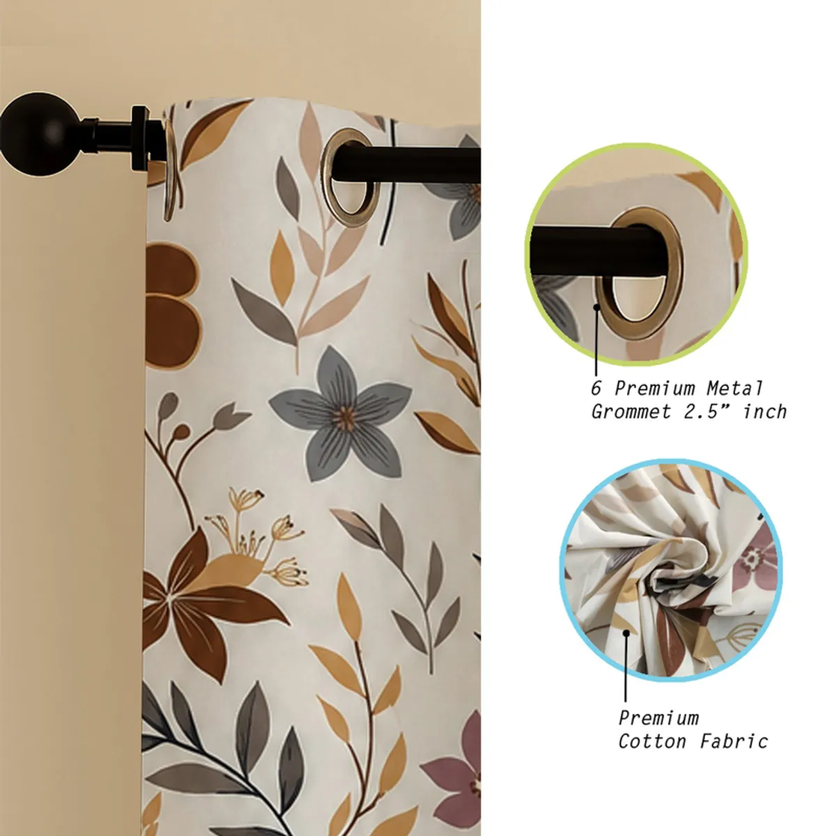 Close-up of the floral curtain fabric with a metal eyelet on a rod.