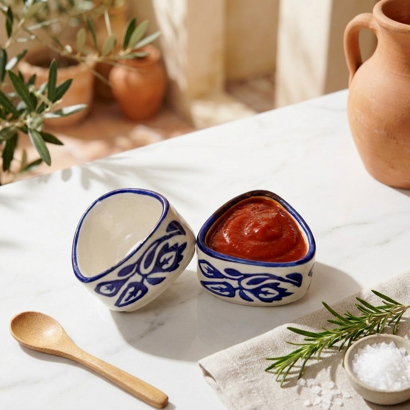 Rosy Delight Ceramic Dip Bowls (White,Blue/40 mL) - Set of Two