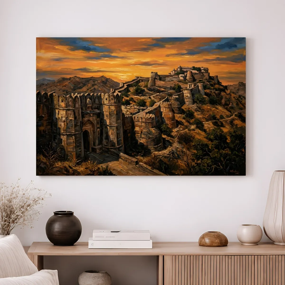 Gallery-wrapped fort landscape canvas wall painting styled above a console
