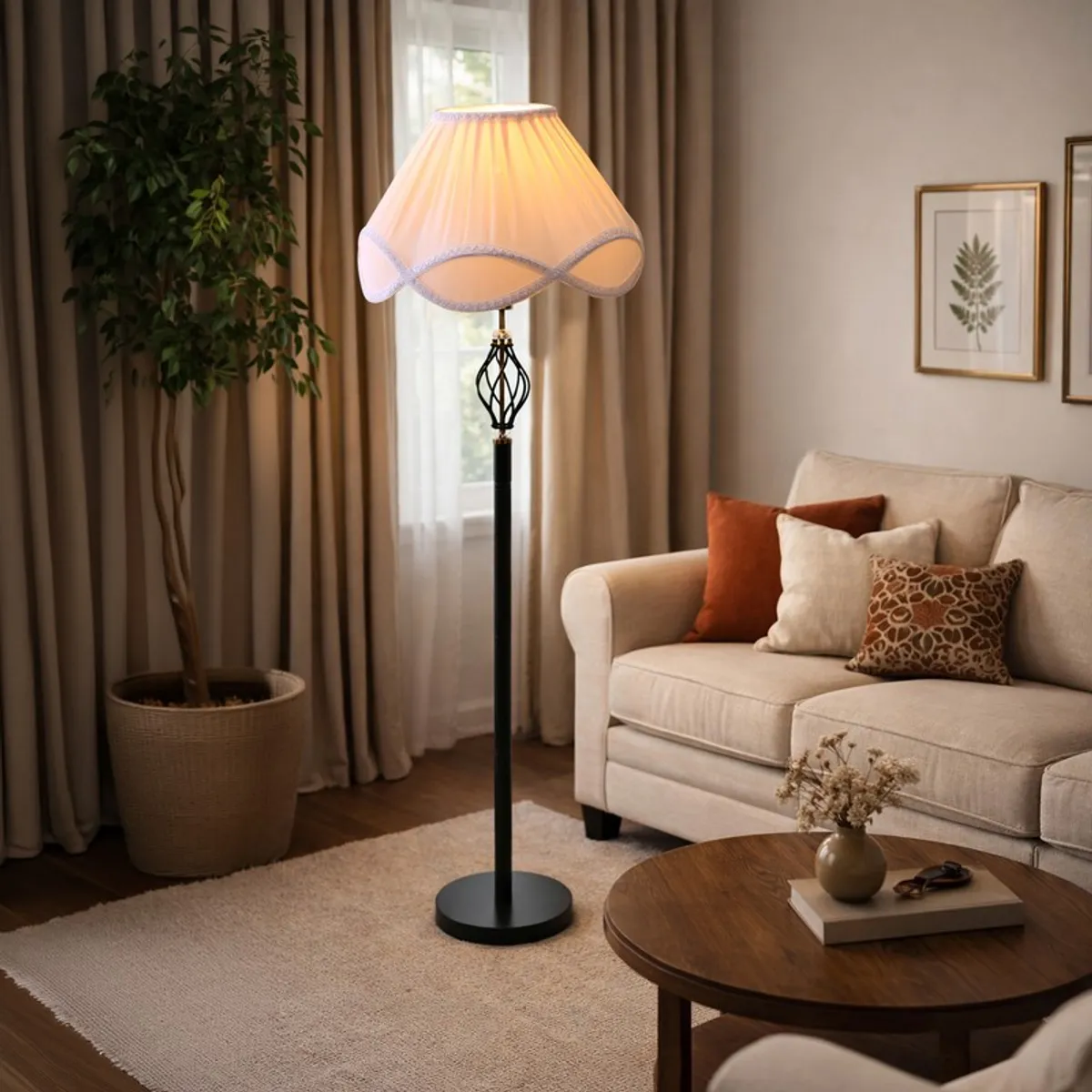 Tall floor lamp with pleated pink shade lit in a cosy living room