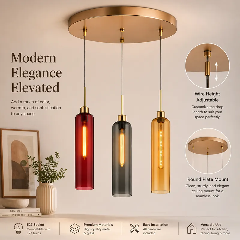 Clustered ceiling lamp with coloured cylindrical glass shades and round gold ceiling plate