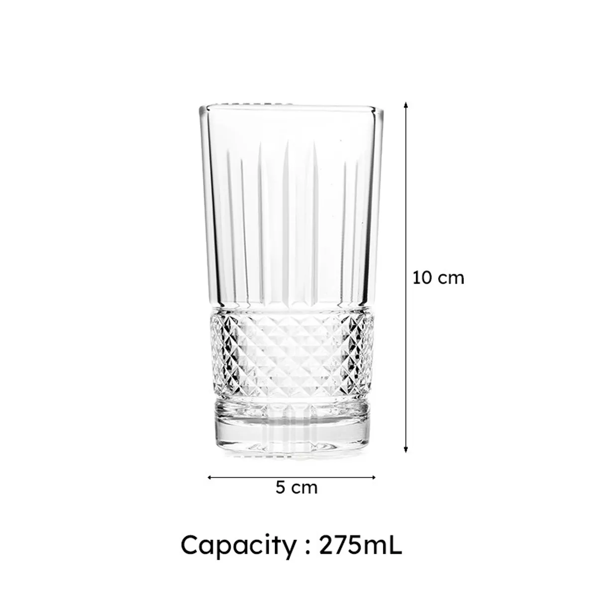 Single transparent textured drinking glass shown with its height and capacity.