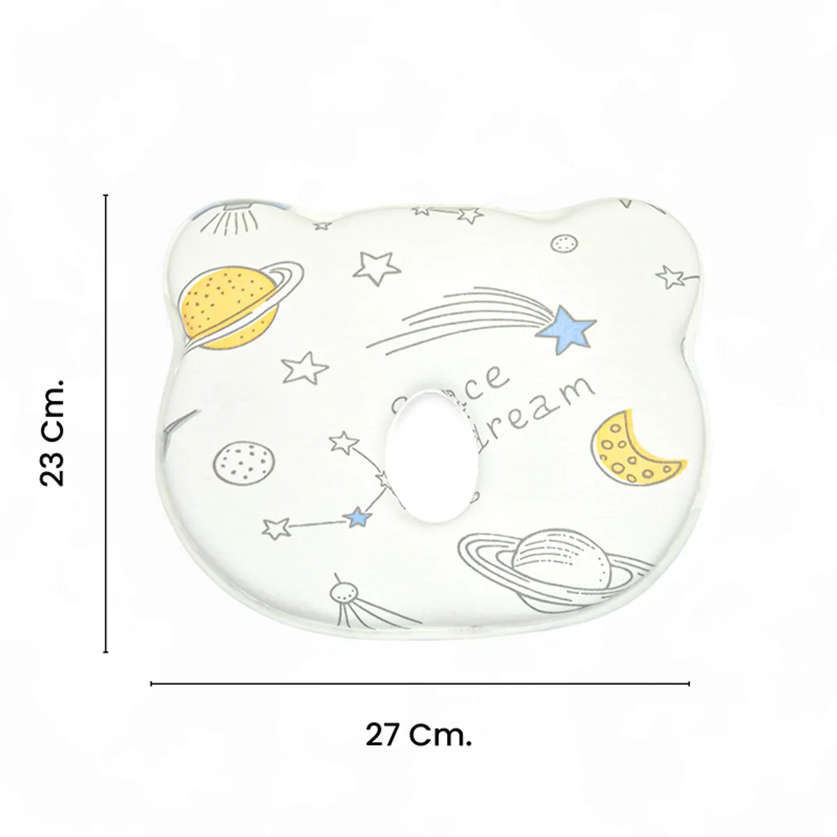 Baby pillow with space print shown with 27 cm by 23 cm dimensions