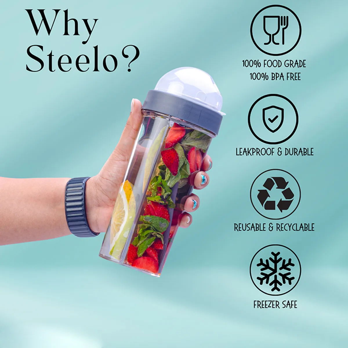 Hand holding dual-compartment bottle with black lid against a blue background
