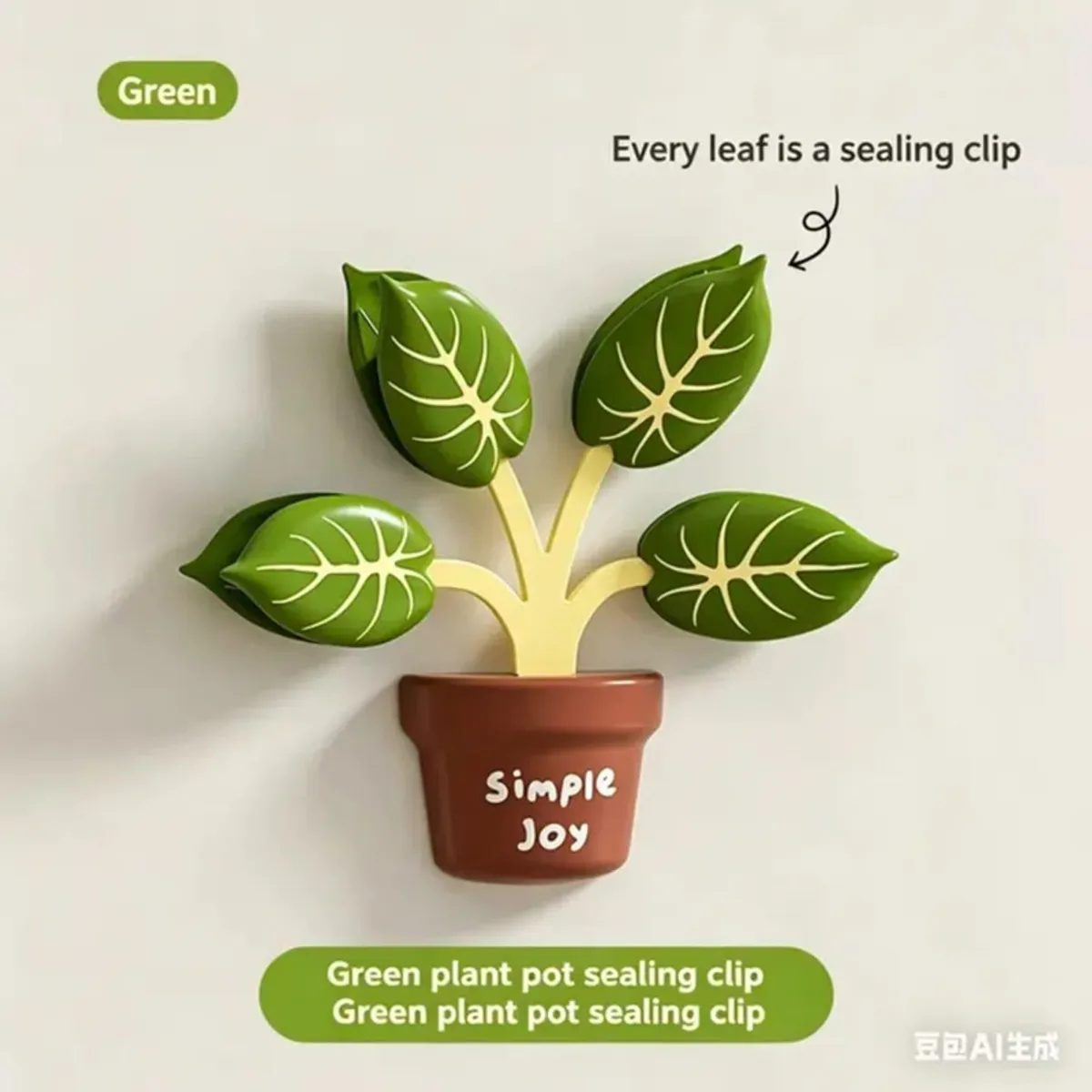 Potted plant clip holder with four green leaf clips on a plain background