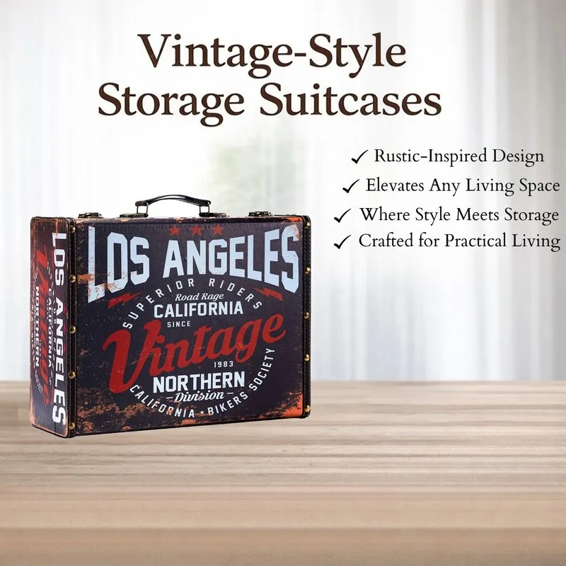 Vintage-style typographic storage suitcase displayed on a tabletop