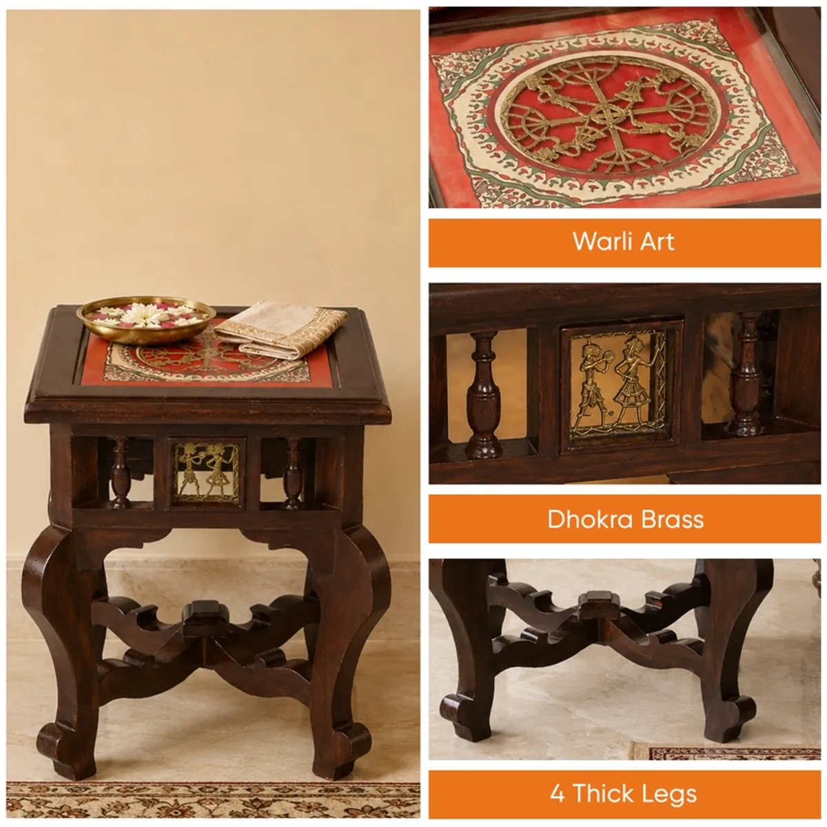 Side table showing a decorative tabletop, brass-toned front motif and four legs.