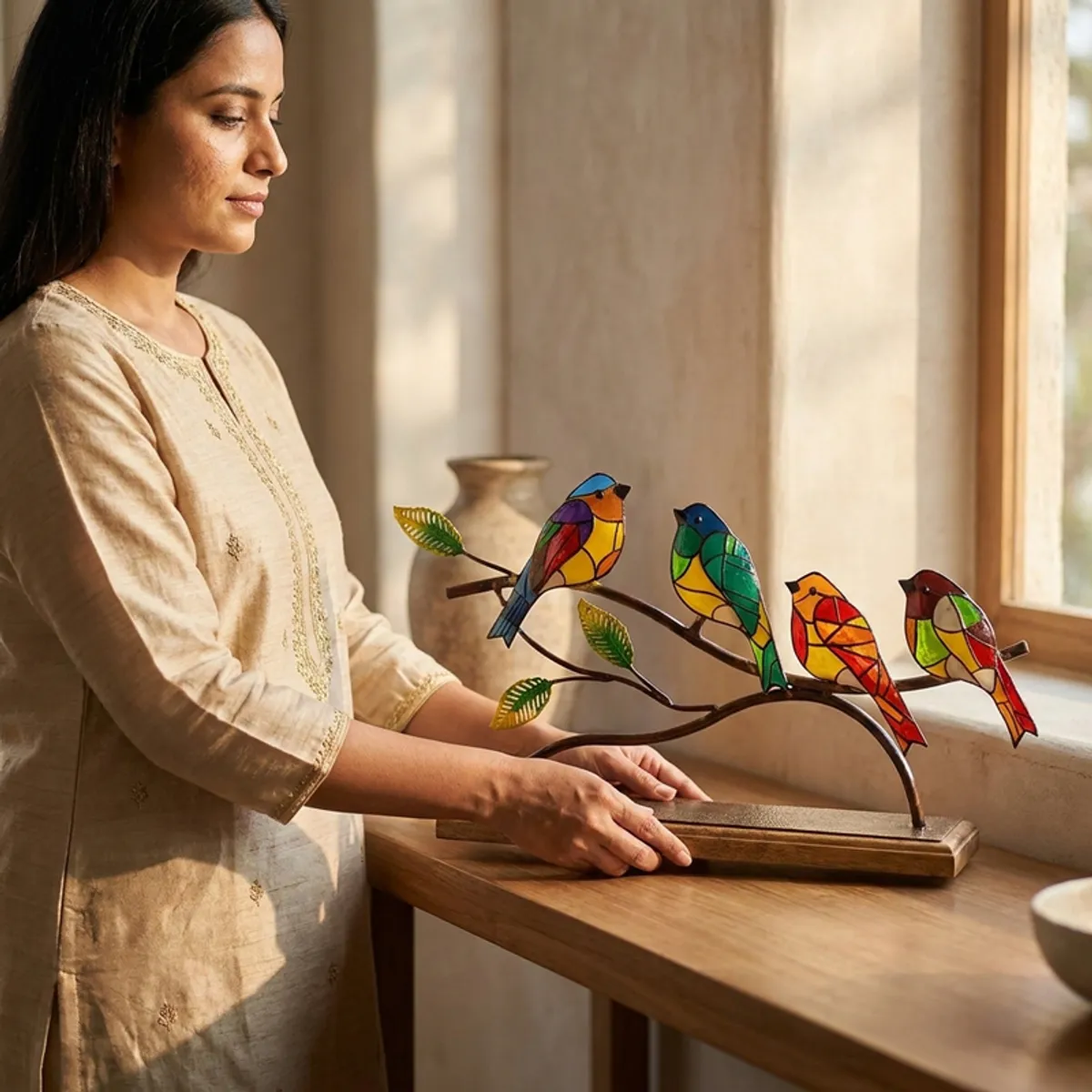 Person placing a multicolour bird metal showpiece on a console table