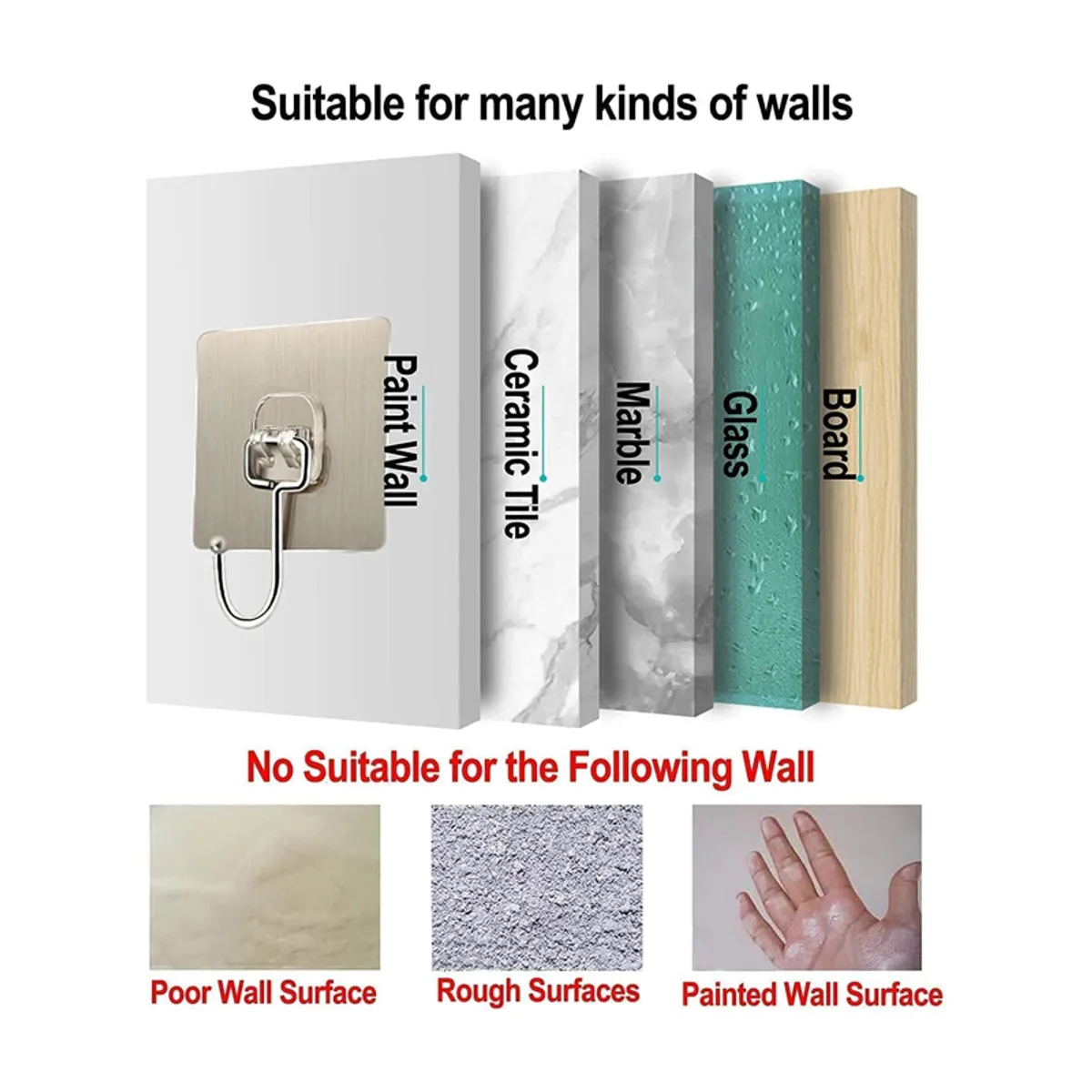 A beige wall hook shown on smooth wall, tile, marble, glass and board surfaces.