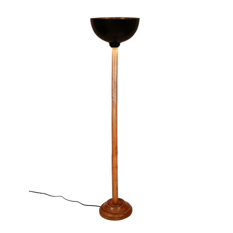 Full view of floor lamp with black shade, wood stand and visible power cord