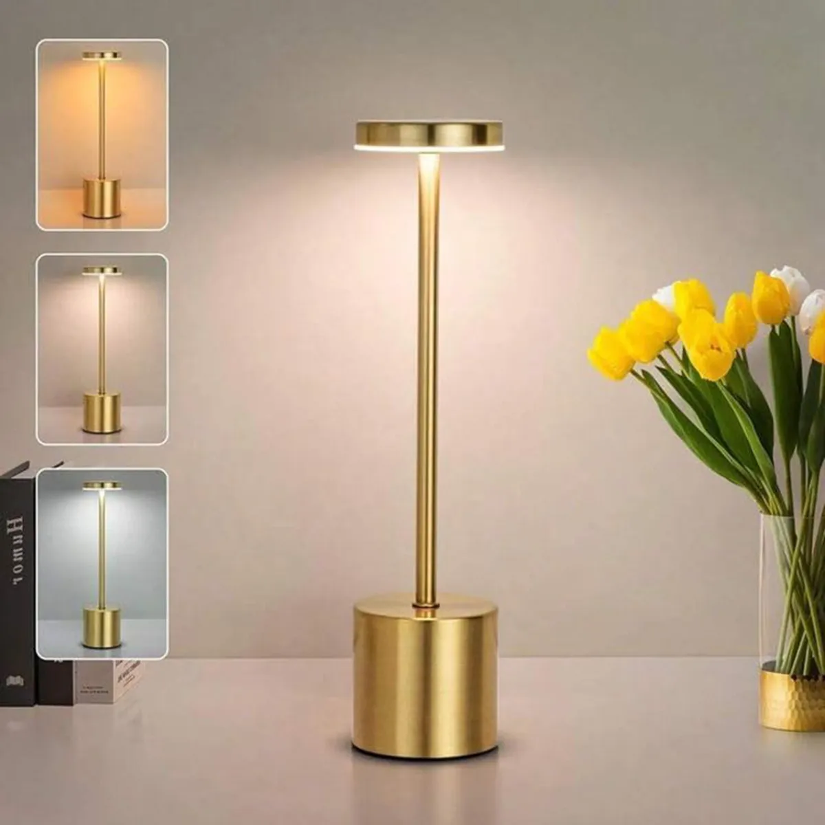 Gold cordless table lamp on a tabletop beside yellow flowers