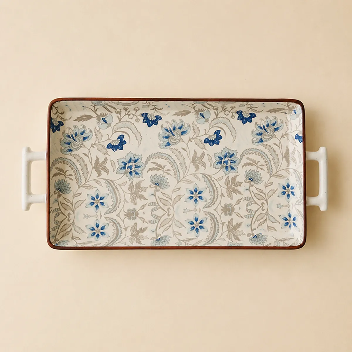 Floral ceramic serving tray with blue and grey botanical design