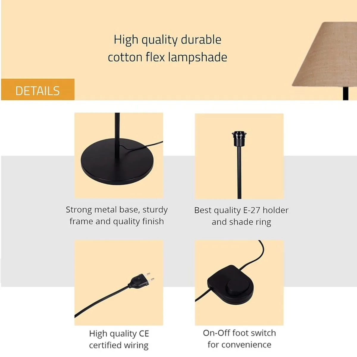 Collage showing close-up views of the lamp base, stem, plug and switch