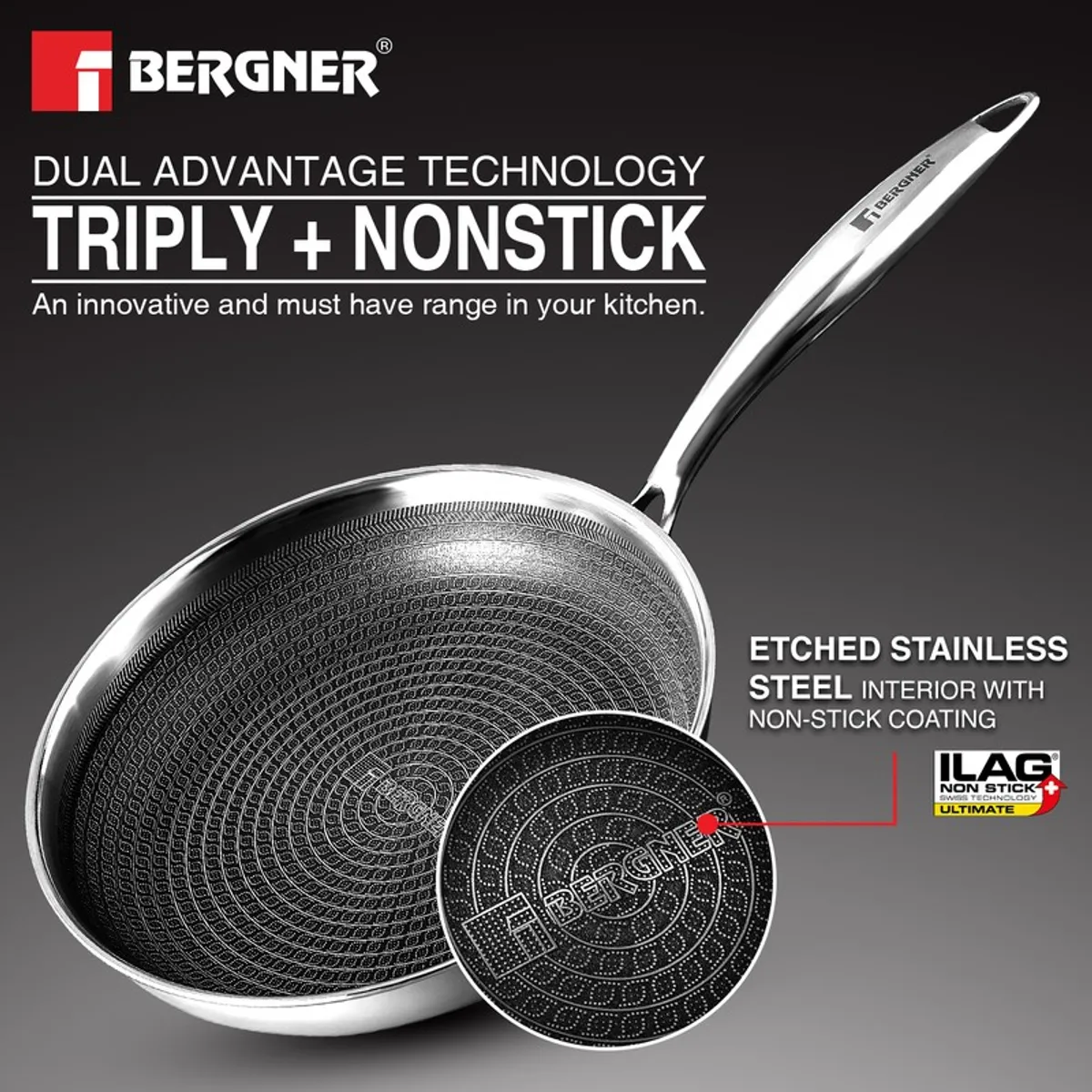 Silver frying pan displaying its patterned non-stick interior