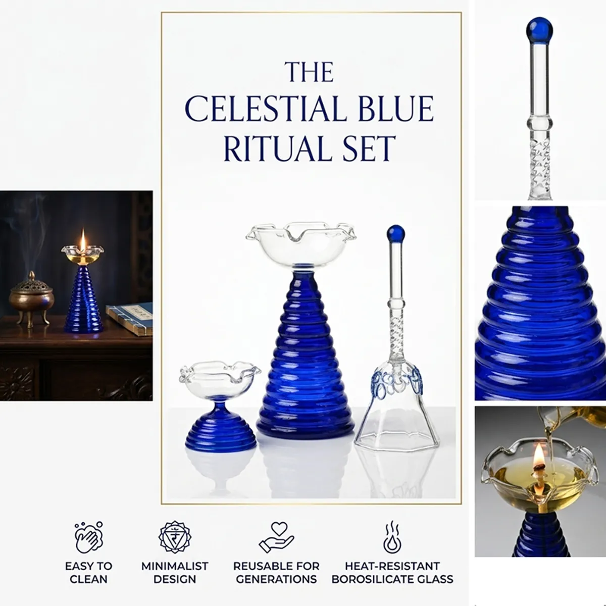 Blue and transparent devotional glass set shown with a contemporary prayer display