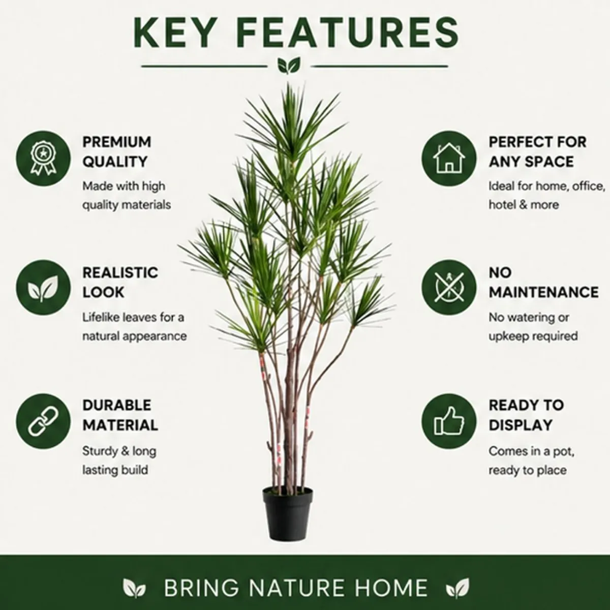 Artificial Dracaena Marginata plant in a black pot shown with feature callouts