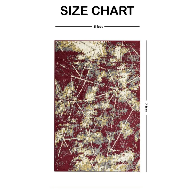 Rectangular maroon abstract carpet shown with size chart layout
