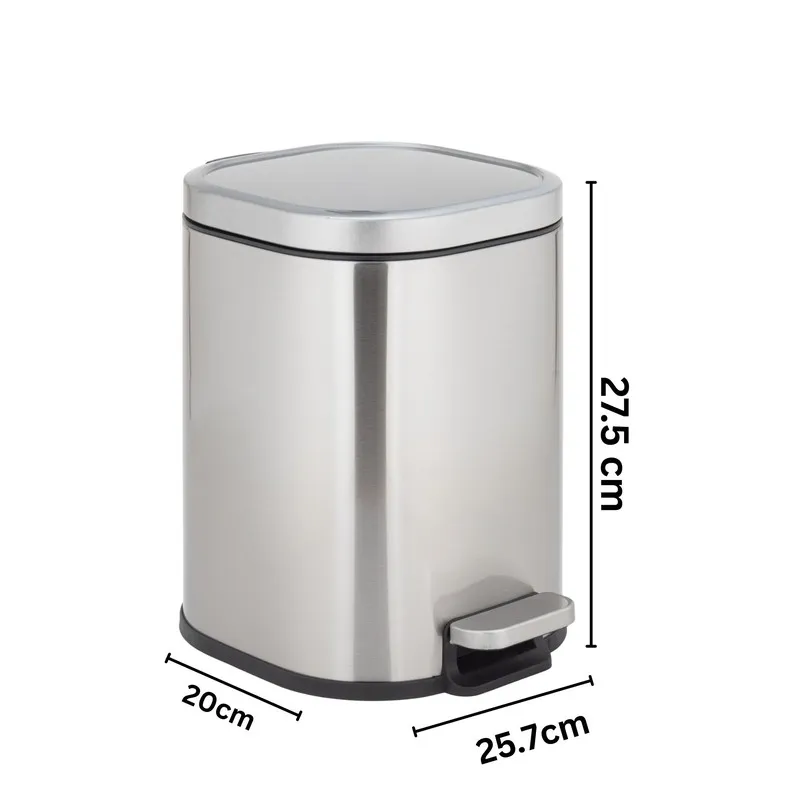 Silver metal dustbin with dimensions shown in the image