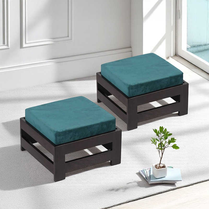 Nirox Sheesham Wooden Stools With Cushions (Blue) - Set of Two