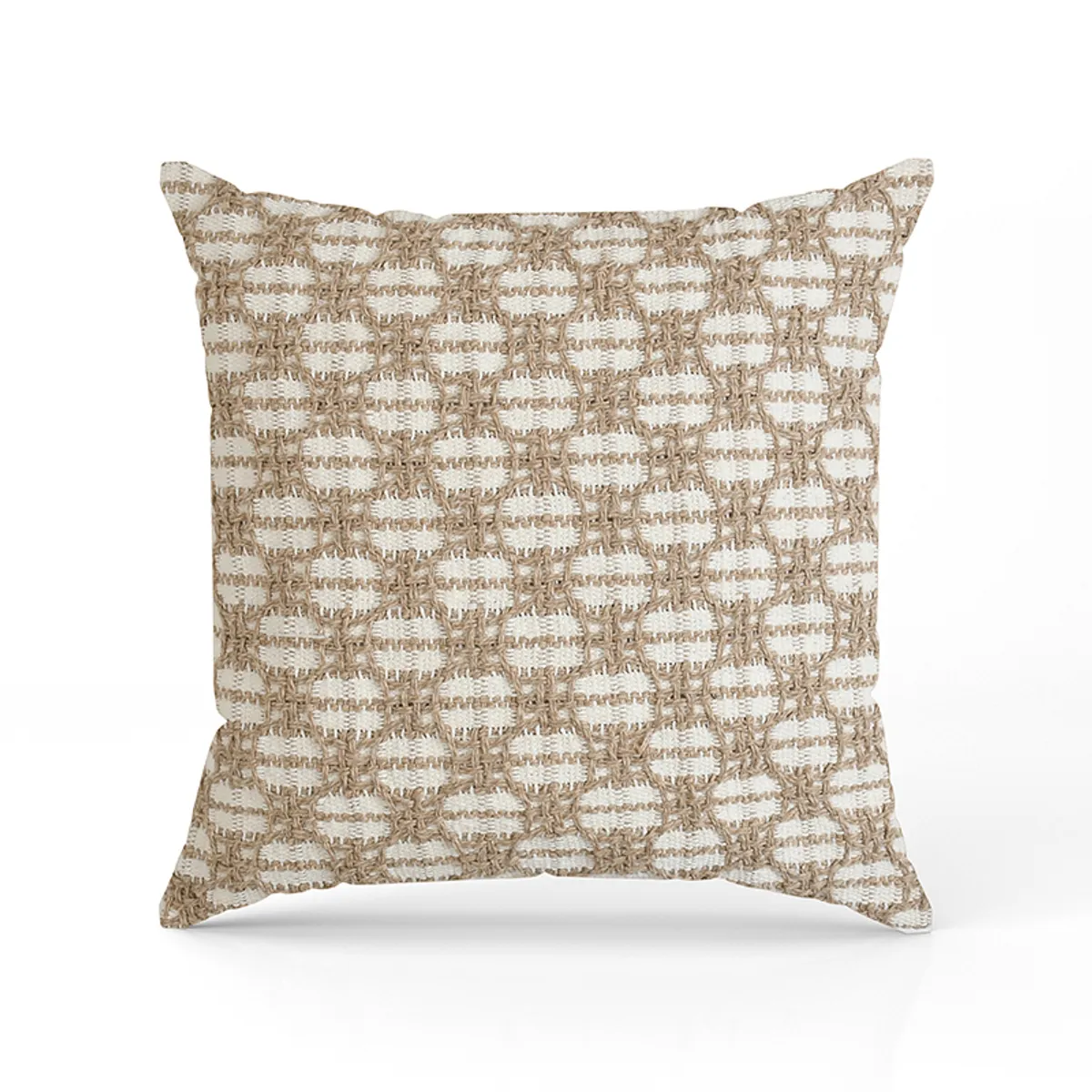 Front view of a square white and beige textured cushion cover