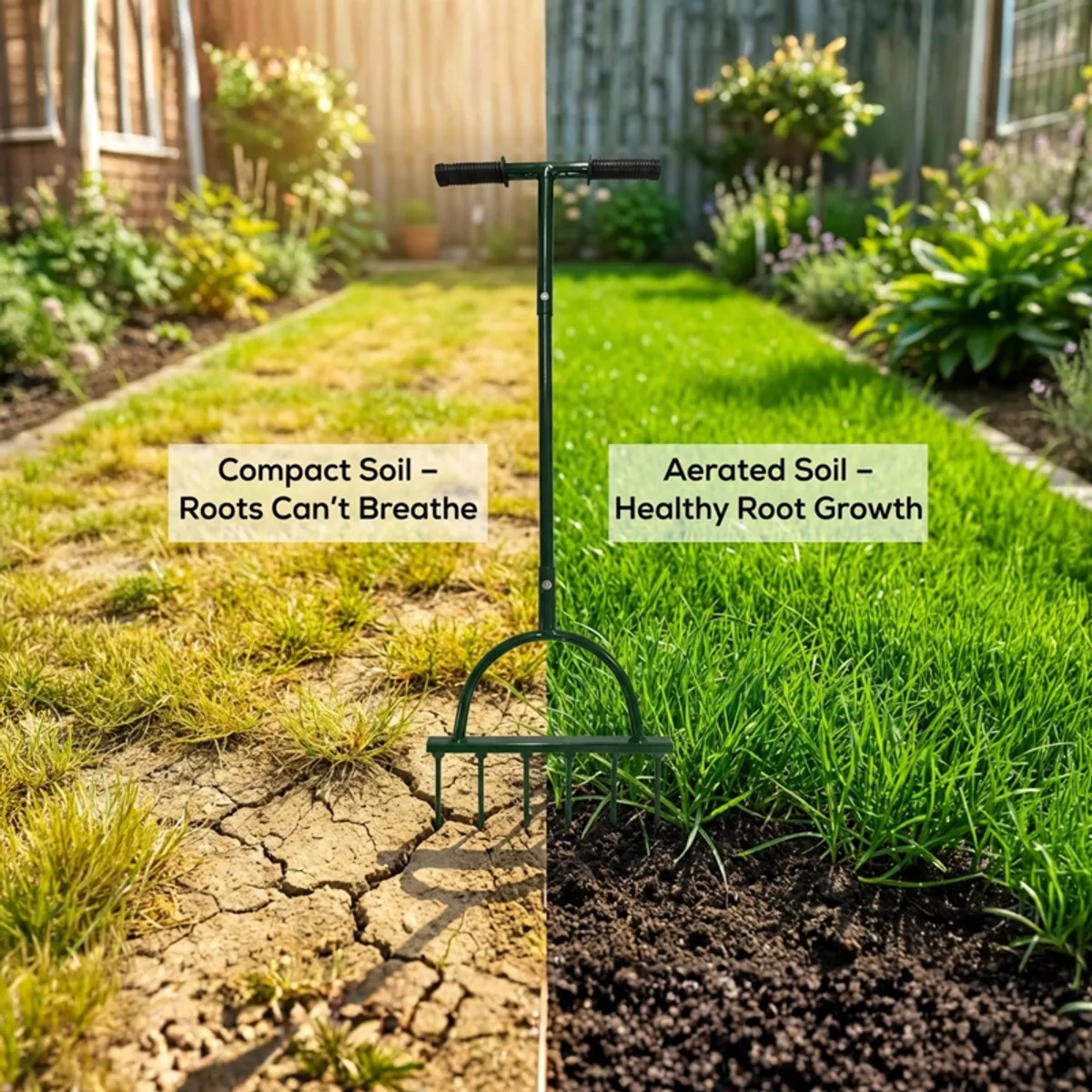 Green soil cultivator shown across compact and aerated garden soil