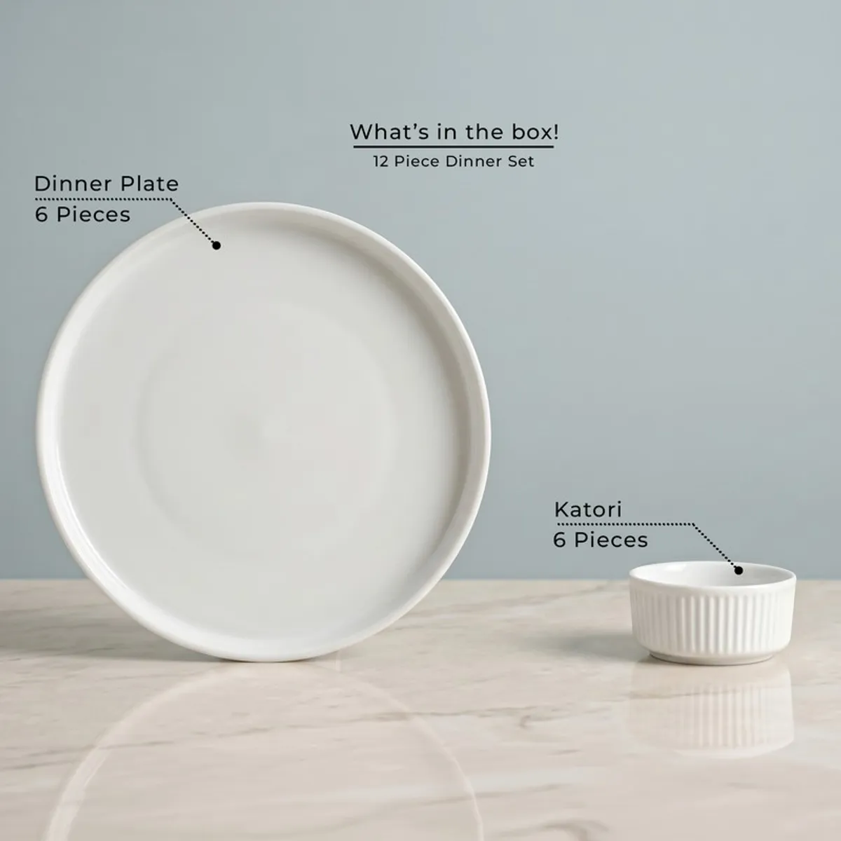 Single white round plate and ribbed bowl from the dinner set