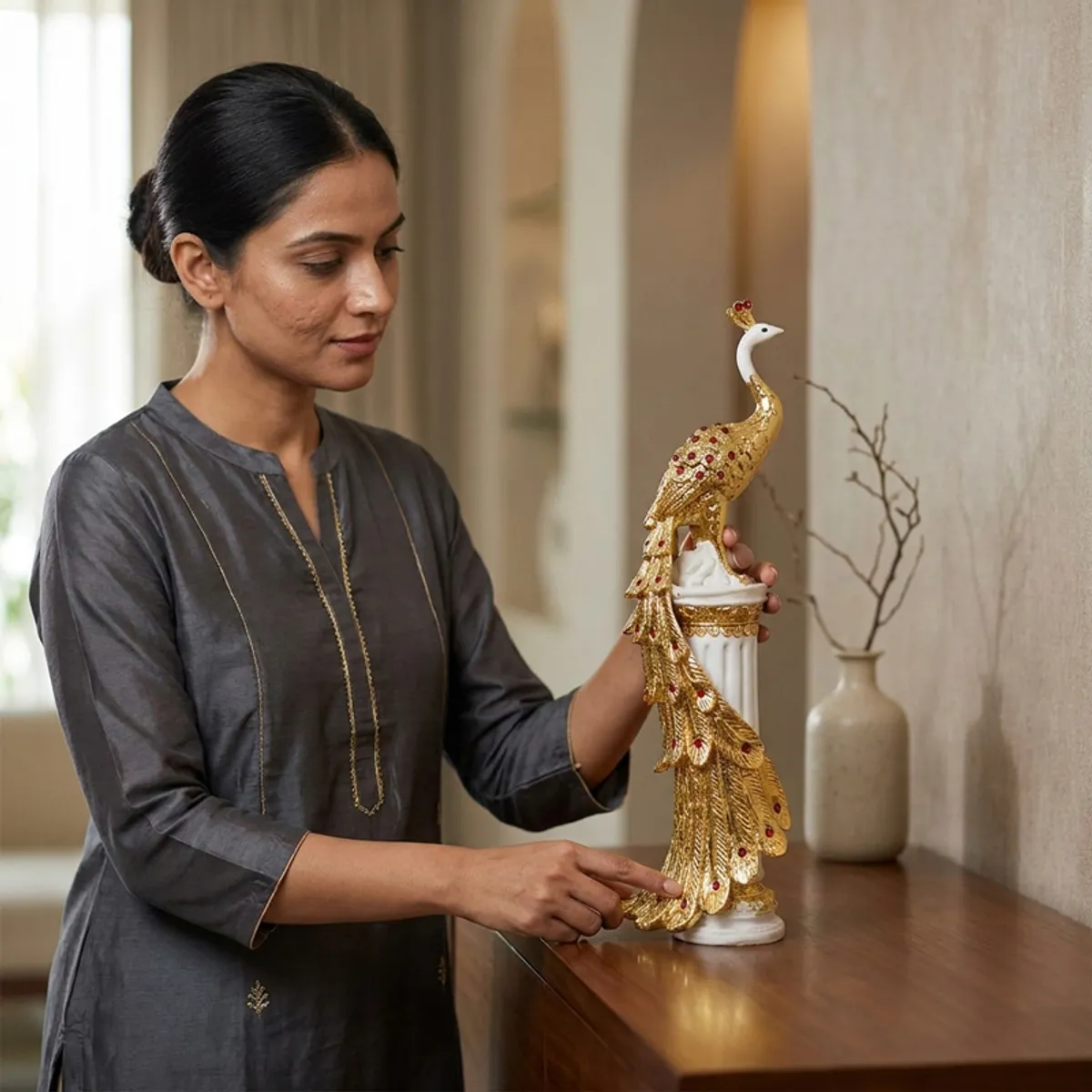 Person holding a tall gold and white decorative tabletop showpiece