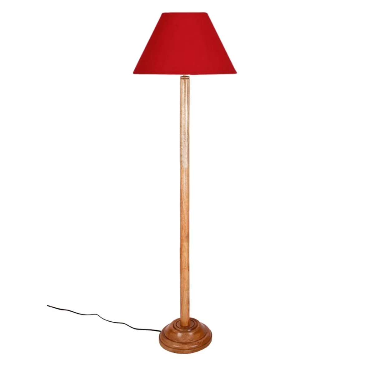 Front view of wooden floor lamp with red conical shade on white background