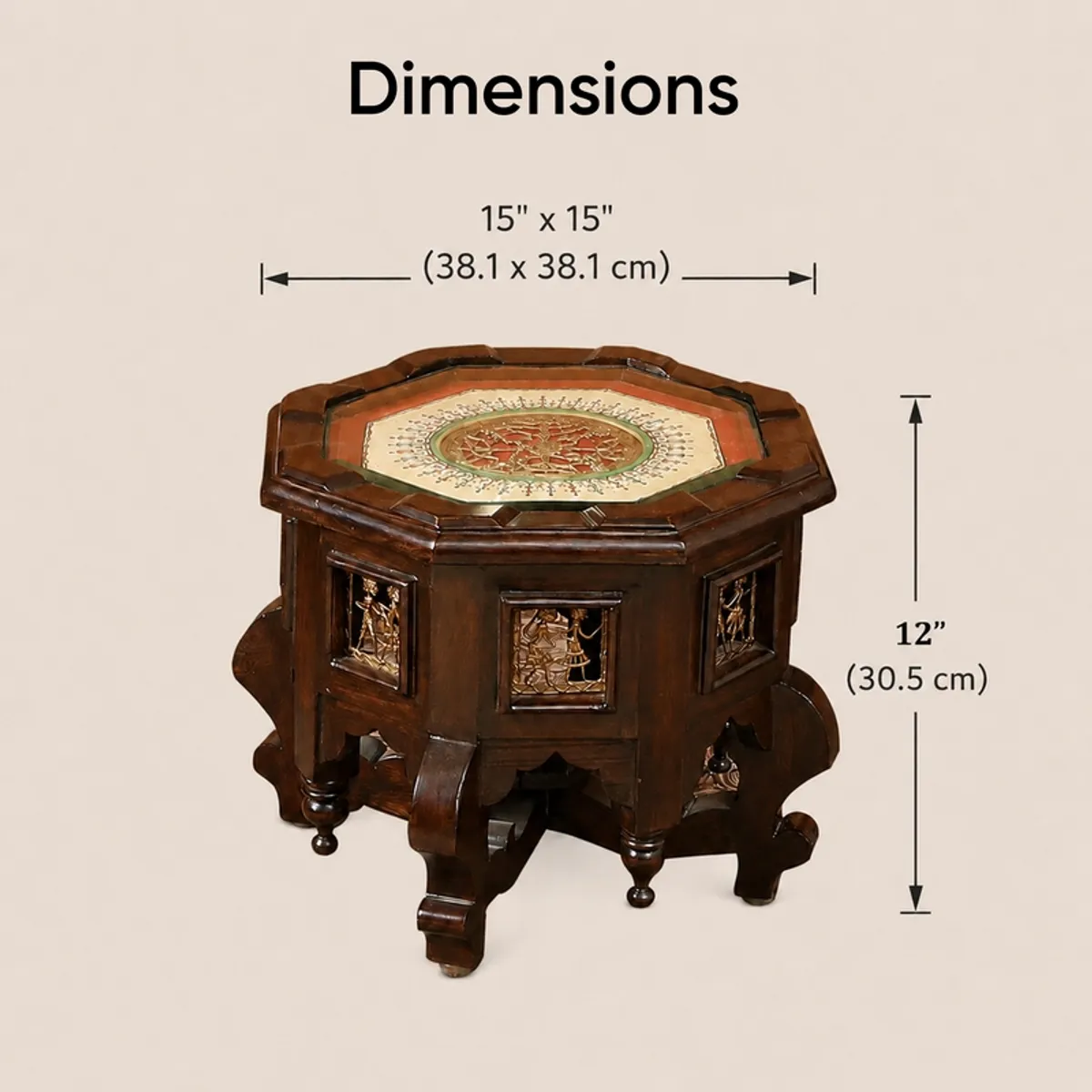 Brown side table shown with dimension arrows on a plain background