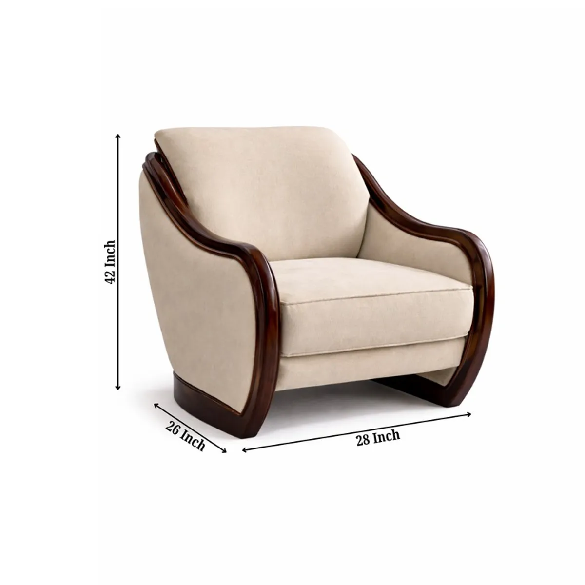 Beige accent chair with dark wood arms displayed in a staged room setting