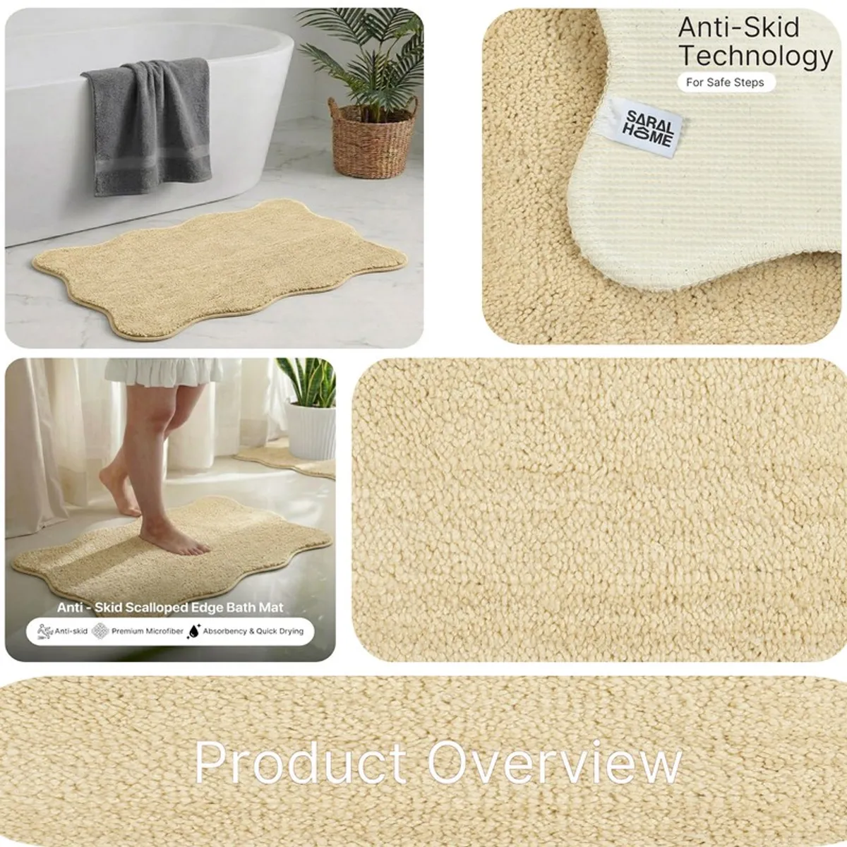 Beige bath mat shown in a bathroom with a close-up of its anti-skid underside