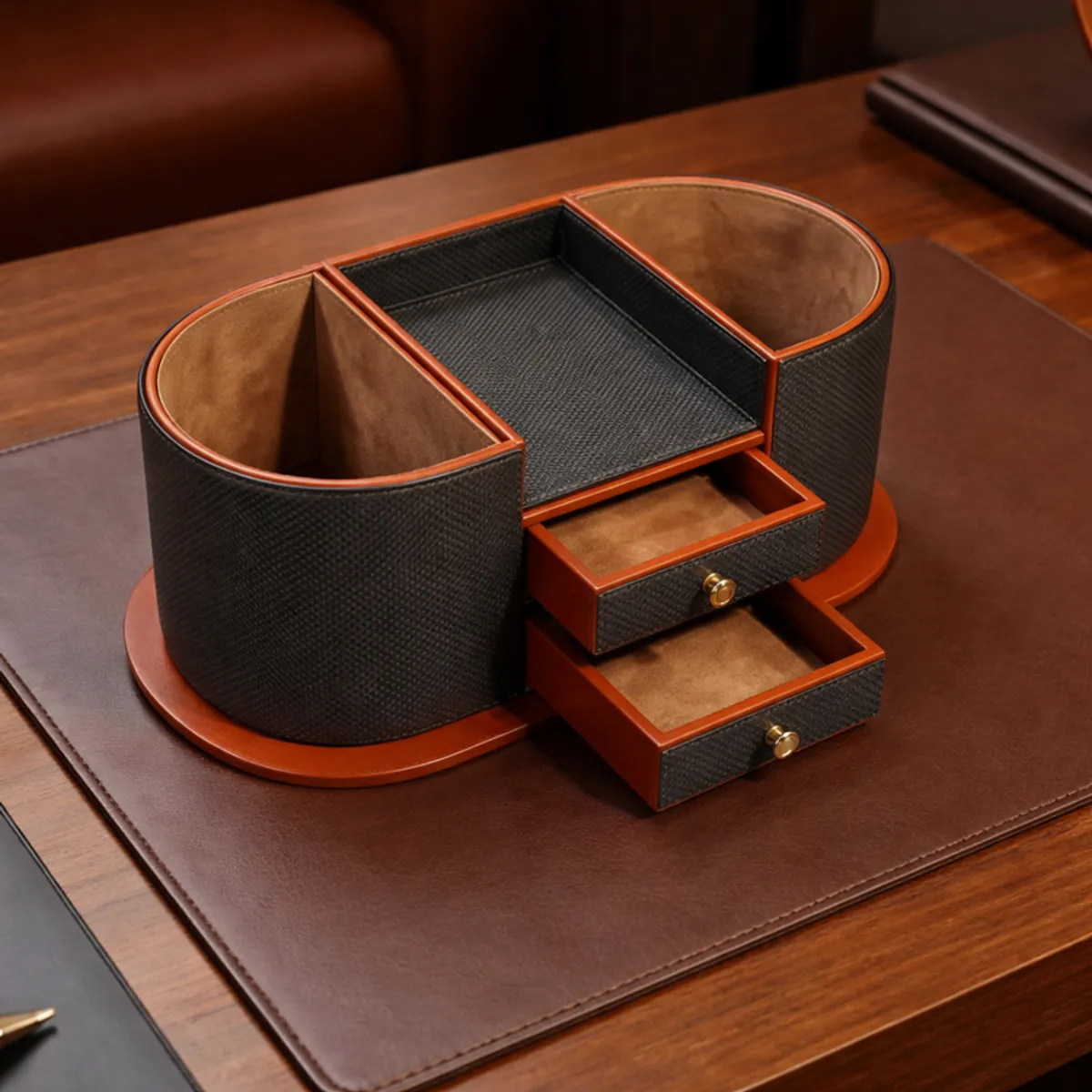 Empty grey and brown vegan leather desk organiser showing curved sections and two drawers