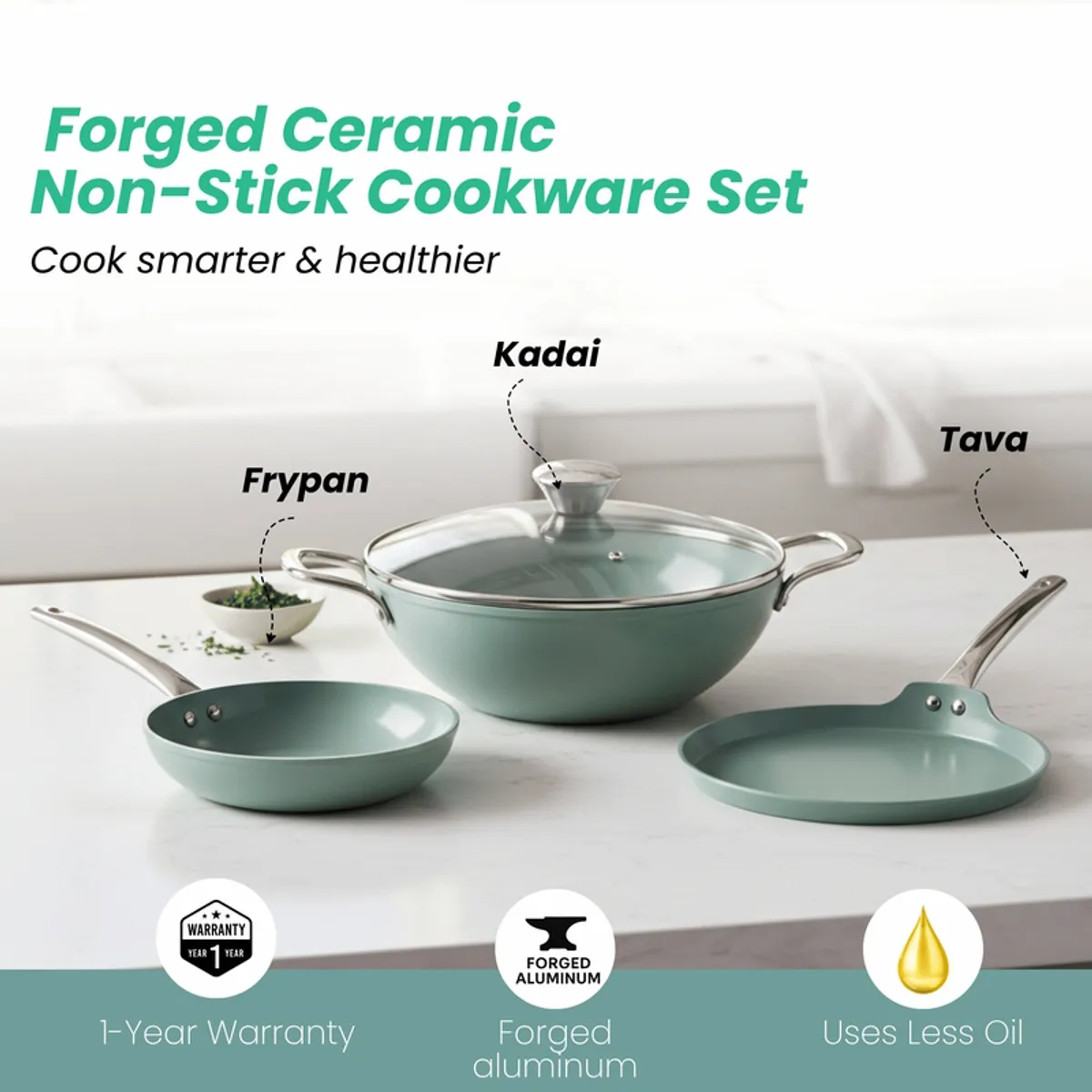 Ceramic non-stick cookware set showing a kadai, frypan and tava with labelled pieces