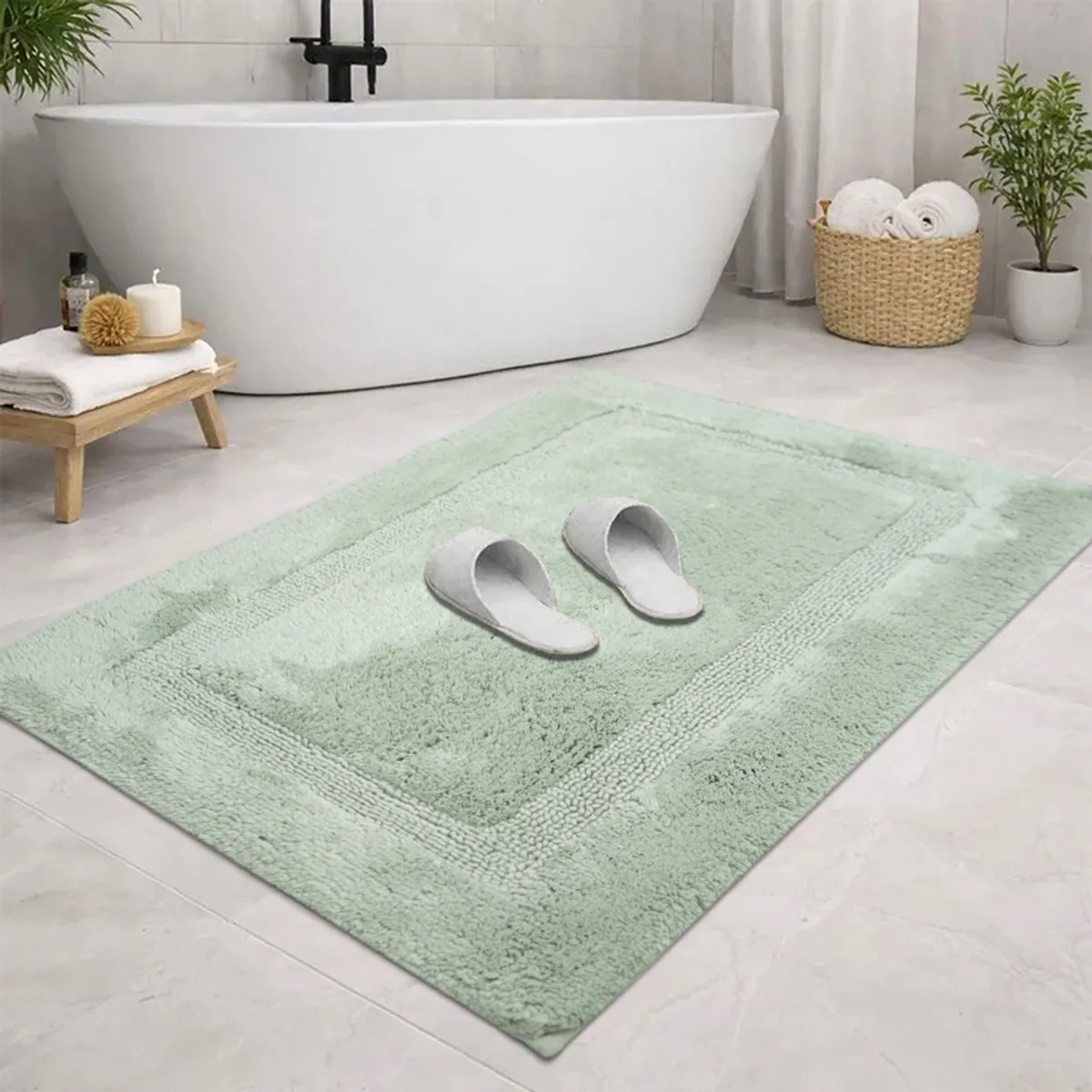 Green geometric bath mat styled in front of a freestanding bathtub
