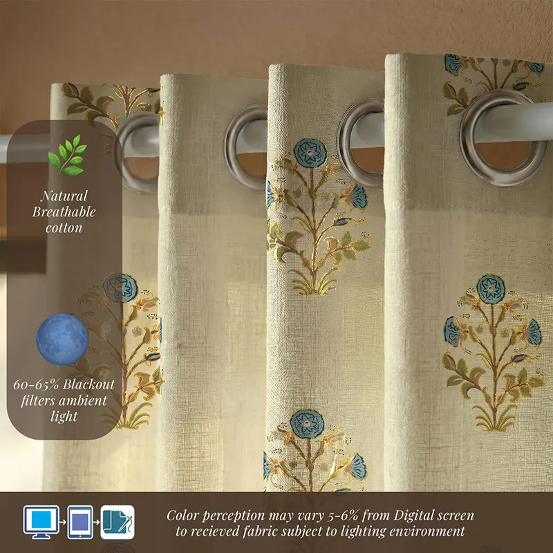 Close-up of eyelet curtain top with blue and gold floral foil print