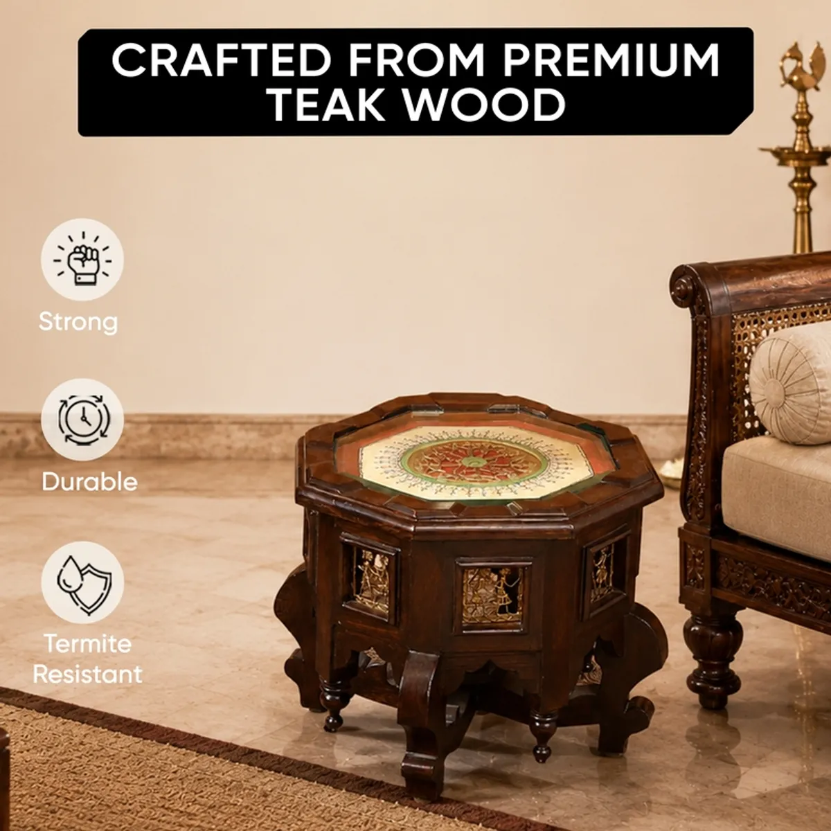 Teak wood side table with decorative top and detailed panel accents