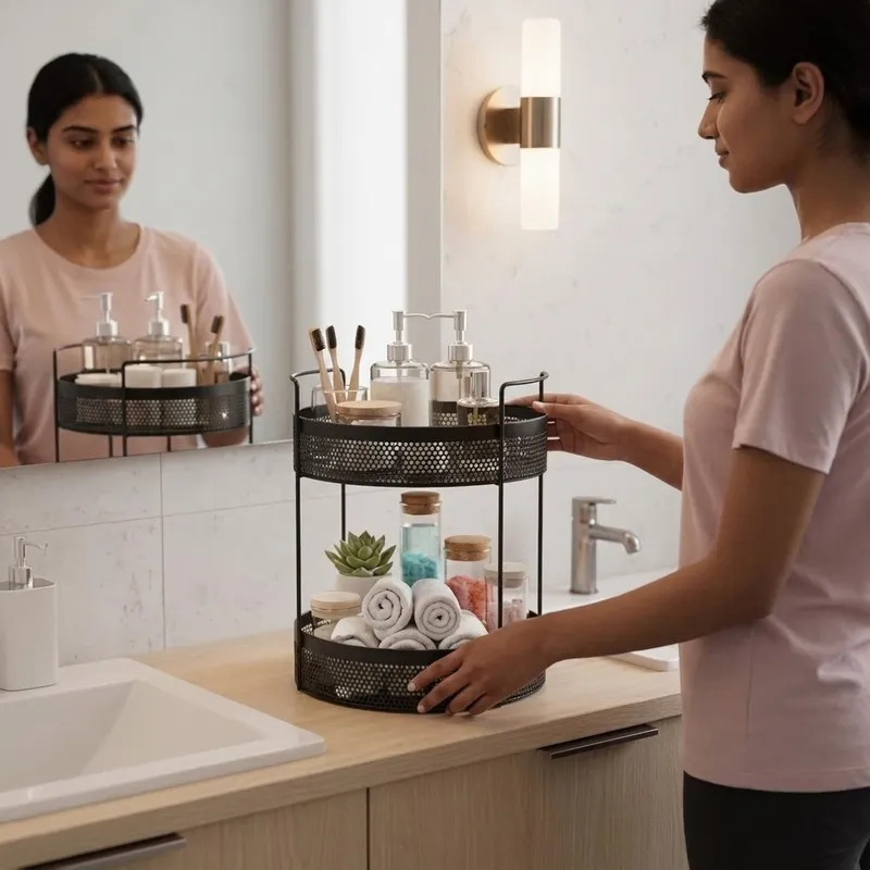 Black two-tier organiser holding bathroom toiletries and rolled towels