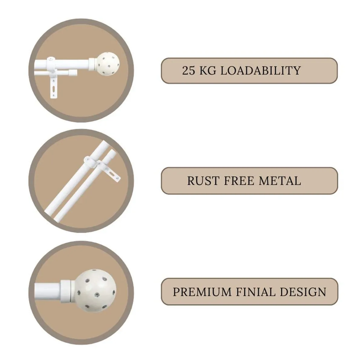 Close-up icons showing white curtain rod features and round finial design