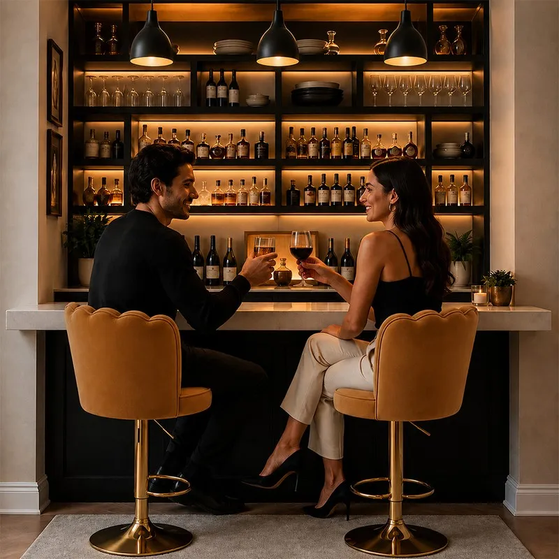 Two brown velvet bar chairs with gold-toned bases placed at a home bar