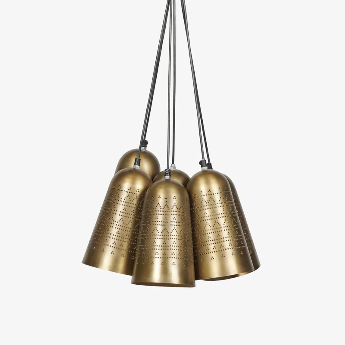 Gold tribal bell cluster ceiling lamp on a plain grey background