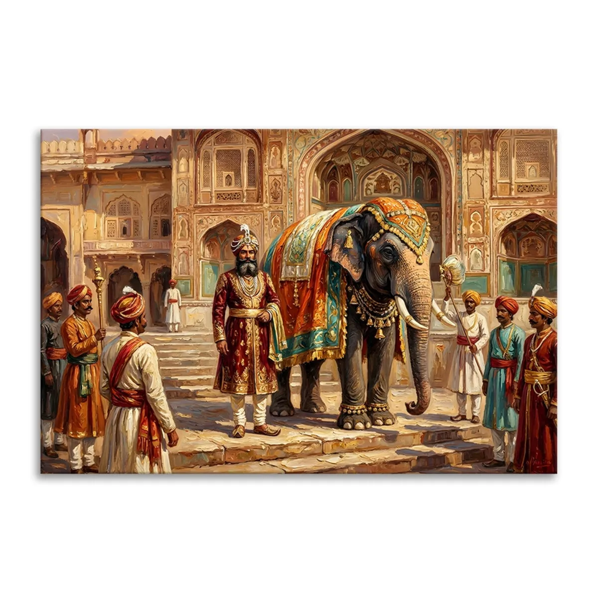 Canvas painting of a royal elephant procession in a palace courtyard