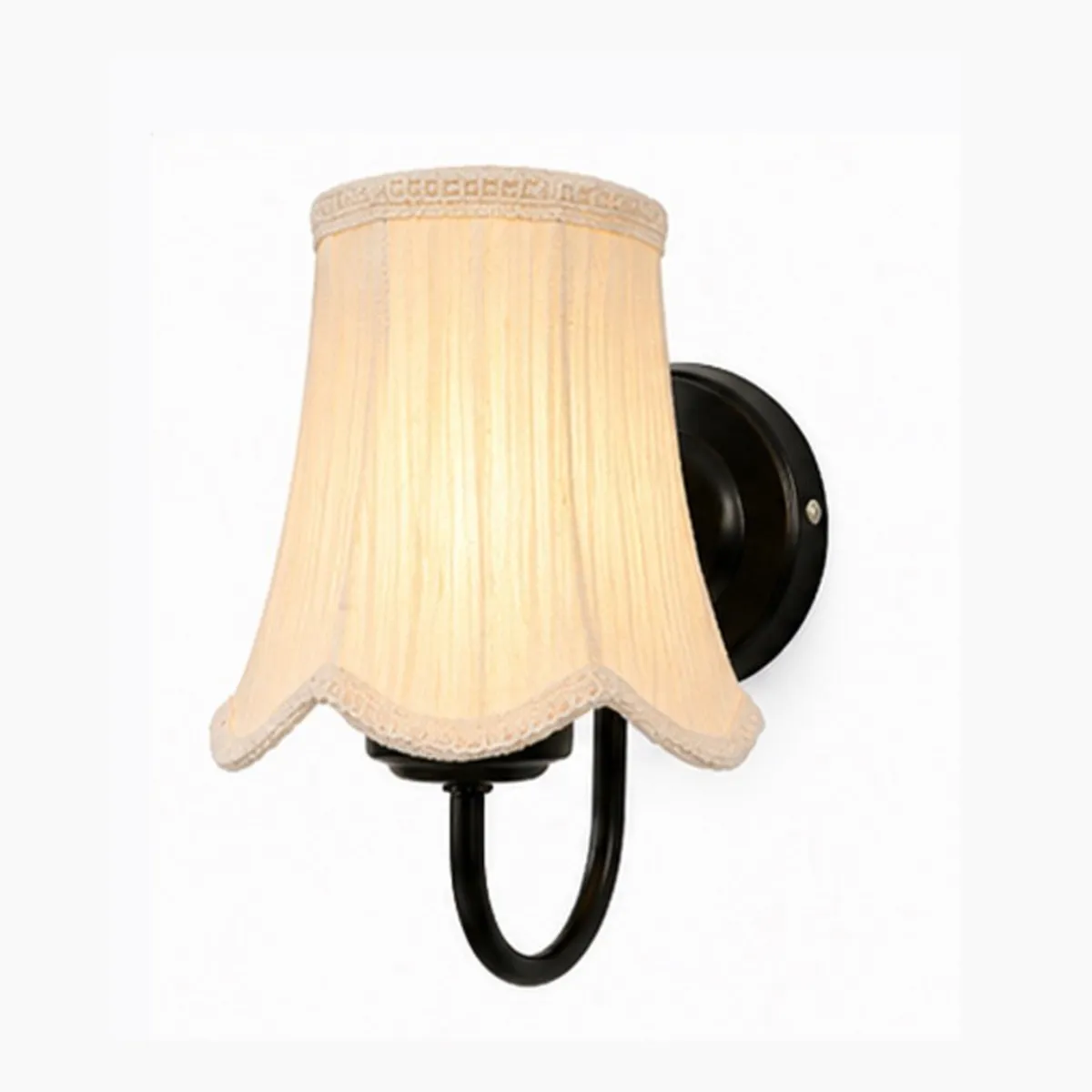 White wall lamp with cotton shade and curved black lower support
