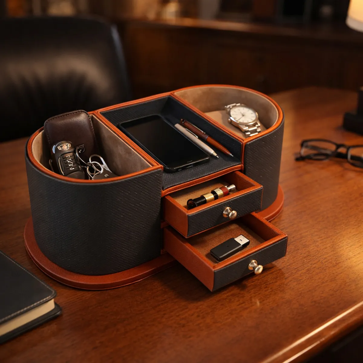 Grey and brown desk organiser with curved sections, central tray and two open drawers
