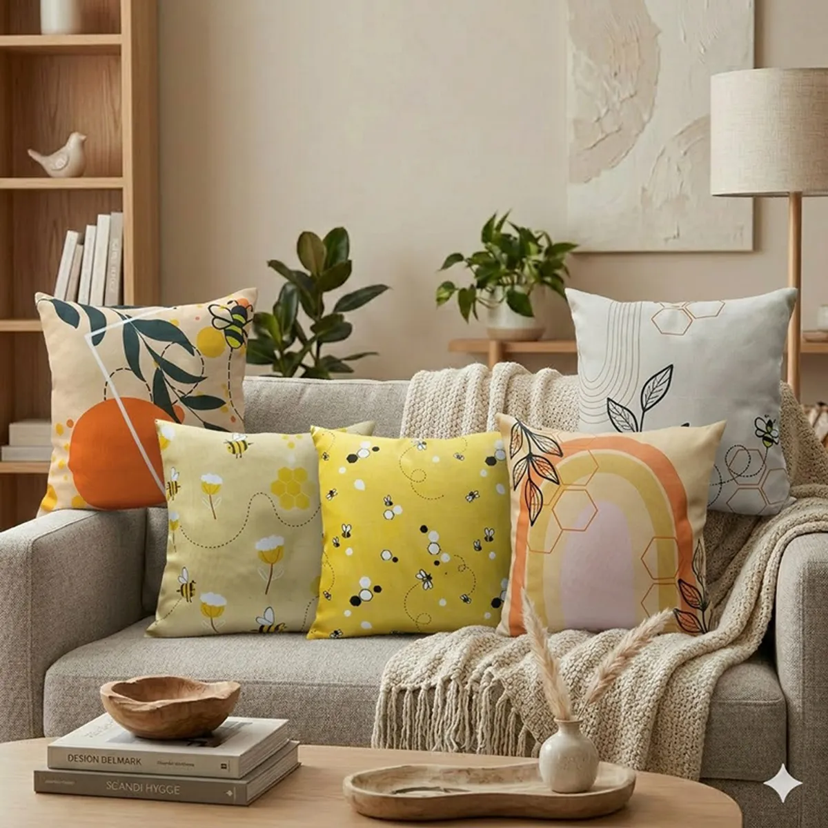 Reversible cushion covers showing bright yellow, orange, cream and botanical designs