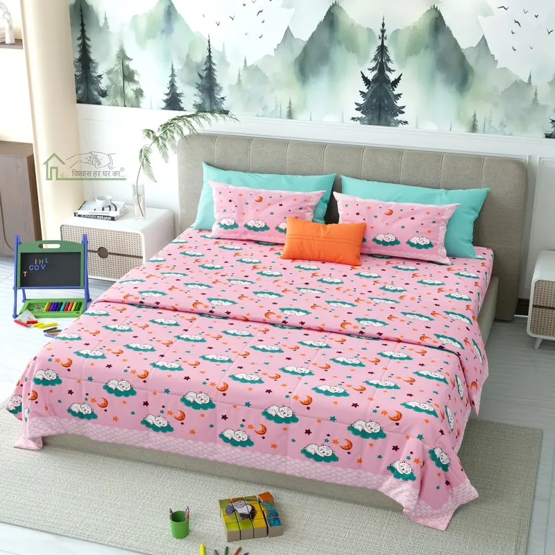 Paw Trails Printed Cotton Kids Bedsheet (Pink) - 120 TC
