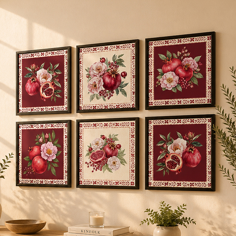 Garnet Dreams Paper Wall Paintings With Frame - Set Of Six