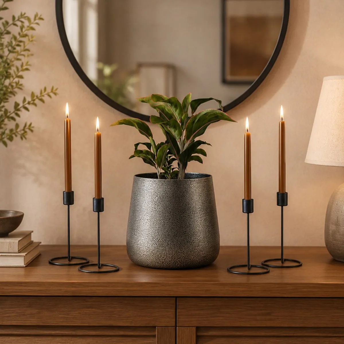Grey planter and four black tealight holders displayed on a wooden console