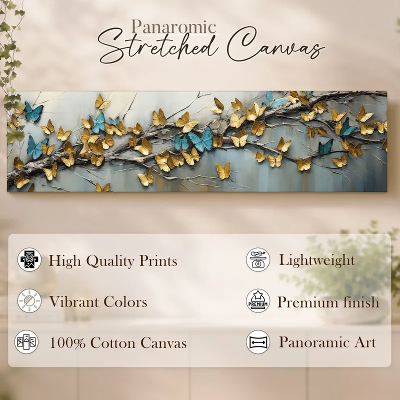 Close view of panoramic butterfly canvas wall art on a light wall